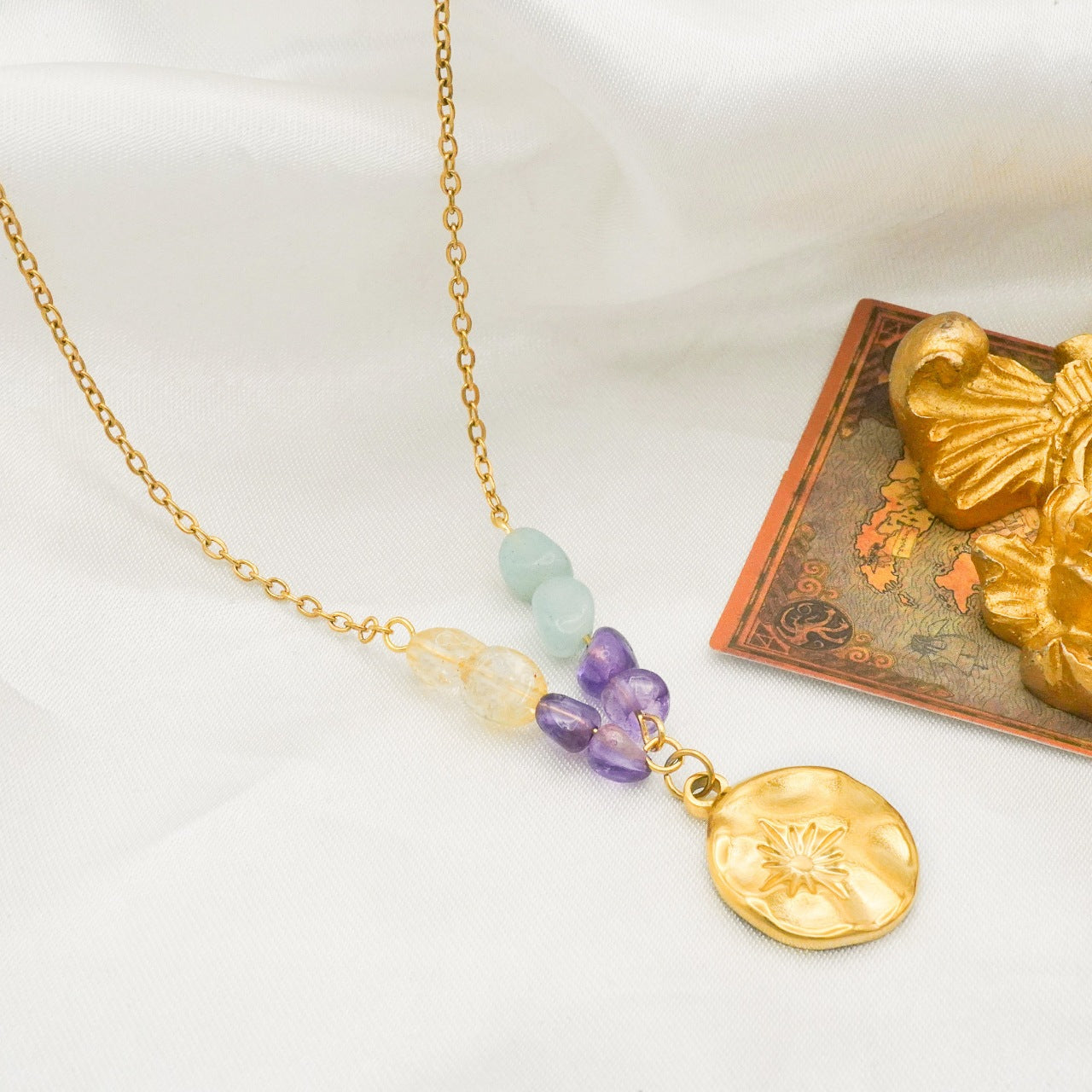 Splicing Necklace For Women In Simple Style With 18K Real Gold Plated And Natural Stone Inlay
