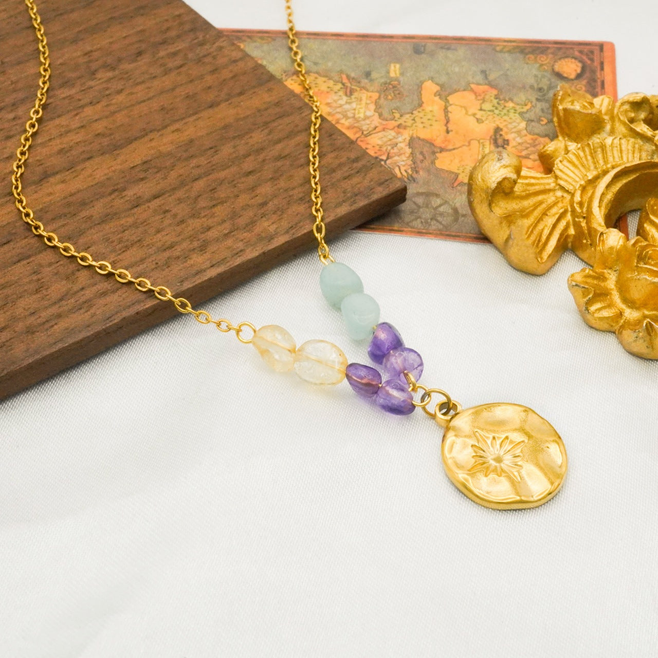 Splicing Necklace For Women In Simple Style With 18K Real Gold Plated And Natural Stone Inlay