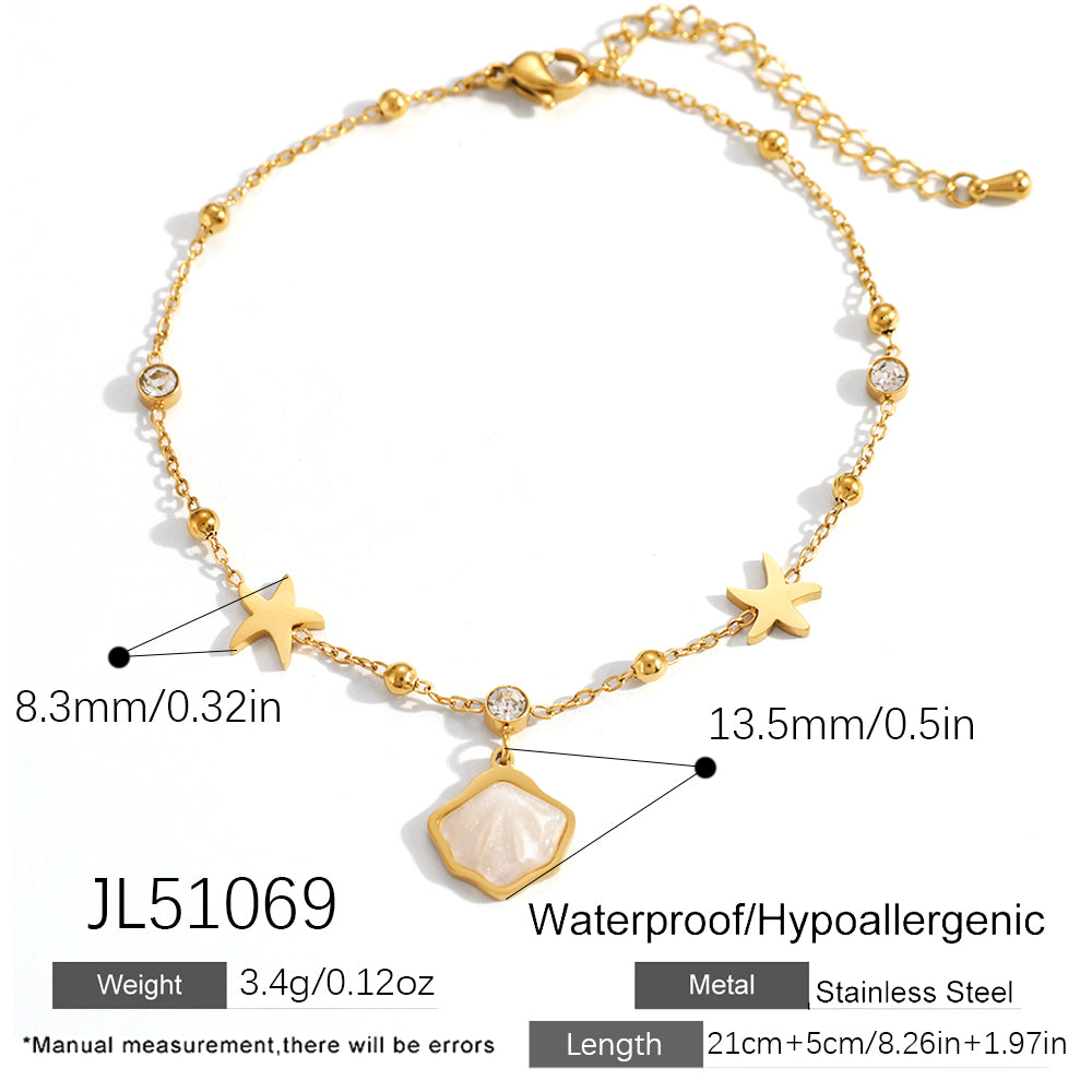 304 Stainless Steel Anklet With Bezel Setting, Featuring Starfish Pattern And 18K Real Gold Plated PVD Coating