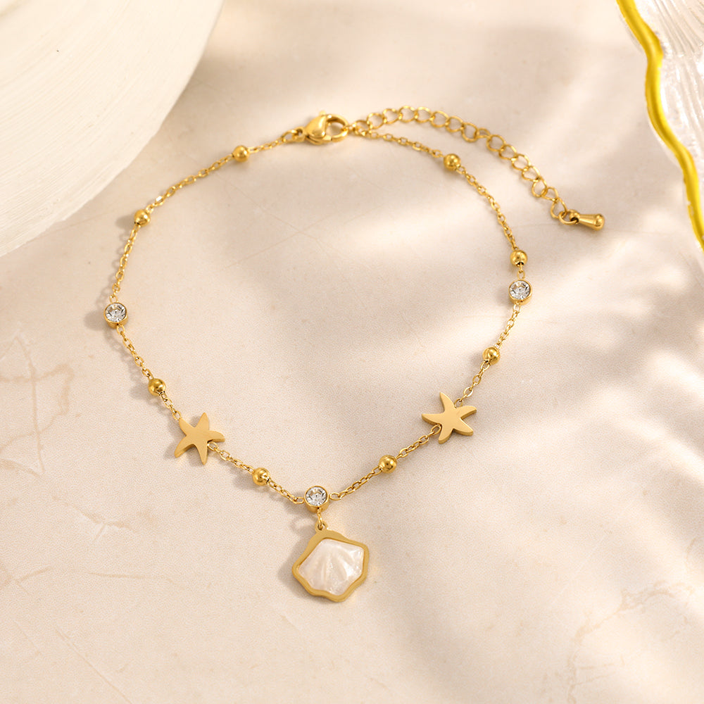 304 Stainless Steel Anklet With Bezel Setting, Featuring Starfish Pattern And 18K Real Gold Plated PVD Coating