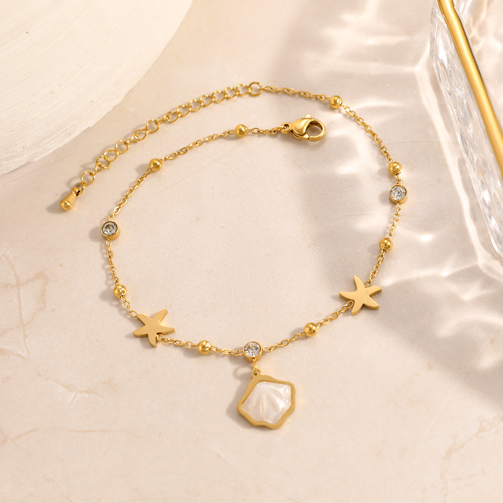 304 Stainless Steel Anklet With Bezel Setting, Featuring Starfish Pattern And 18K Real Gold Plated PVD Coating