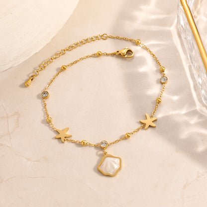 304 Stainless Steel Anklet With Bezel Setting, Featuring Starfish Pattern And 18K Real Gold Plated PVD Coating