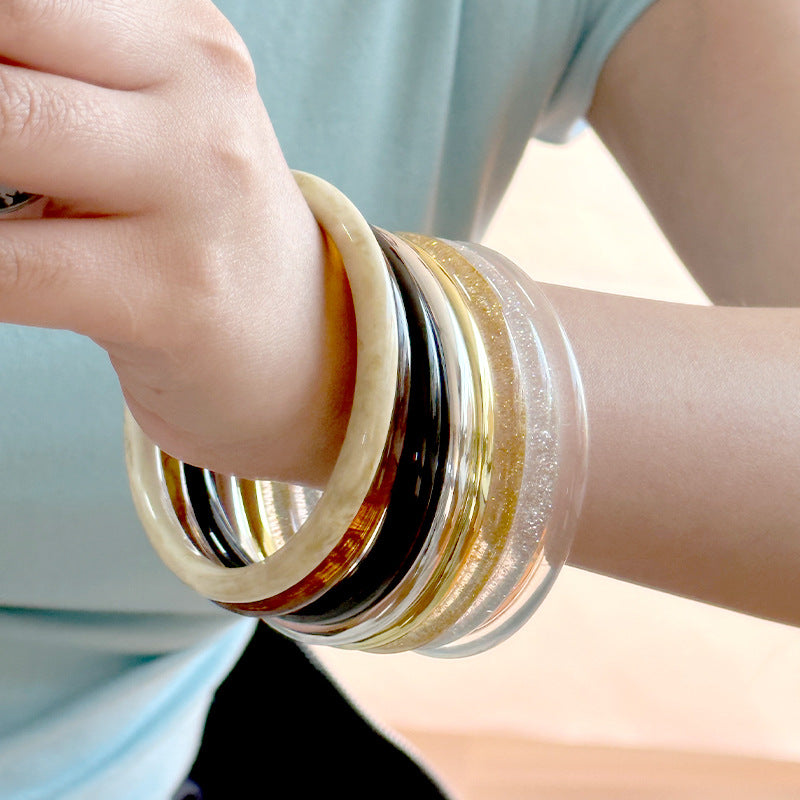 Handmade Round Resin Bangle For Women Featuring Golden Sequins Inlay