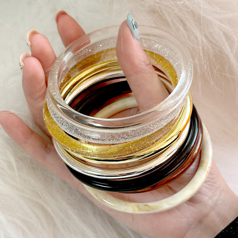 Handmade Round Resin Bangle For Women Featuring Golden Sequins Inlay