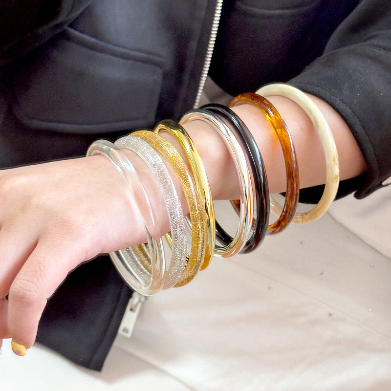 Handmade Round Resin Bangle For Women Featuring Golden Sequins Inlay
