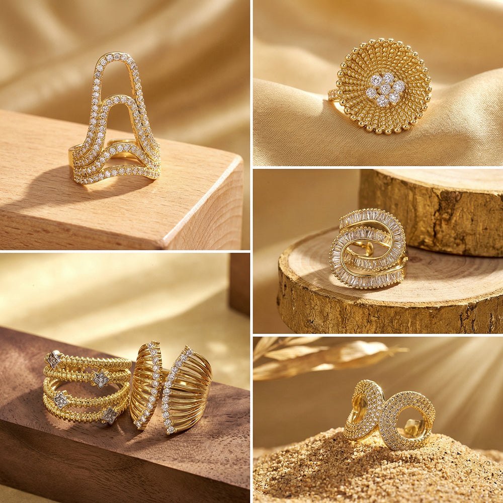 For Women Electroplated Copper Open Rings Featuring 18K Real Gold Plated And Zircon Inlay