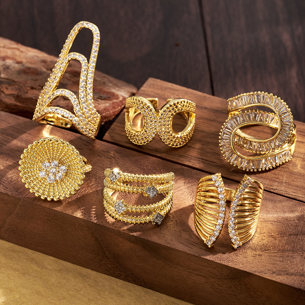 For Women Electroplated Copper Open Rings Featuring 18K Real Gold Plated And Zircon Inlay