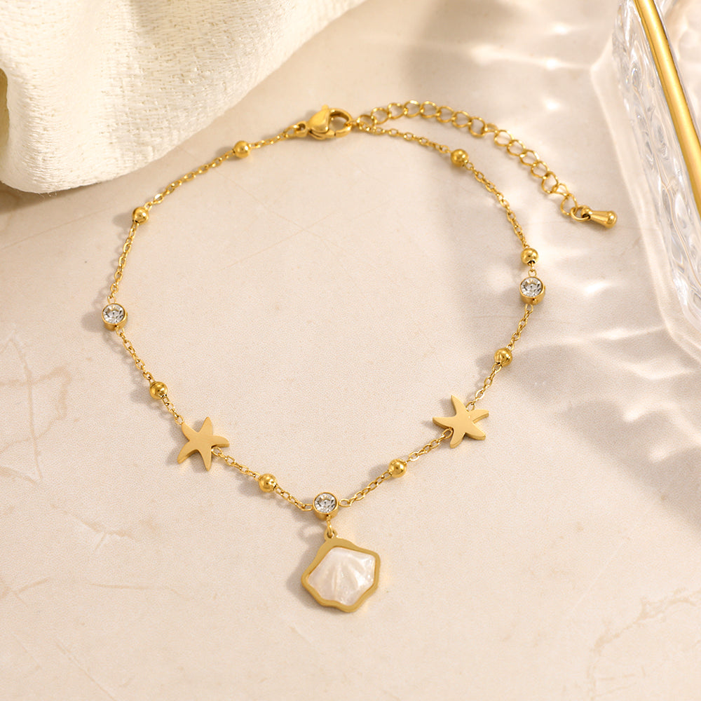 304 Stainless Steel Anklet With Bezel Setting, Featuring Starfish Pattern And 18K Real Gold Plated PVD Coating