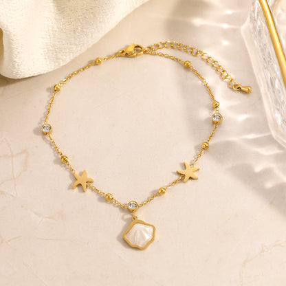 304 Stainless Steel Anklet With Bezel Setting, Featuring Starfish Pattern And 18K Real Gold Plated PVD Coating