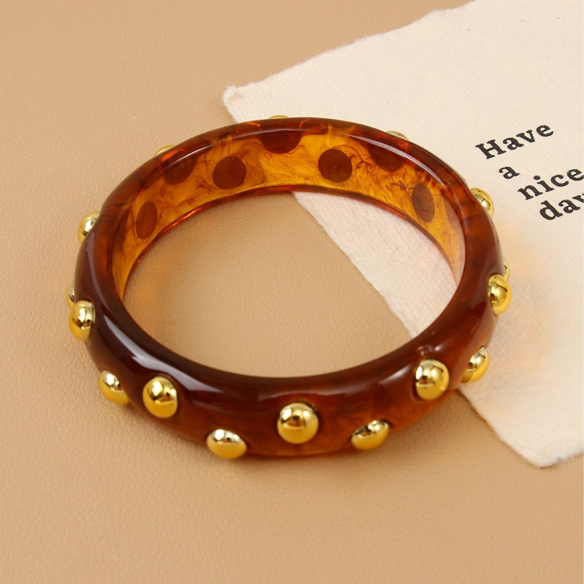 Handmade Round Resin Bangle For Women With Leopard Print And Beads Inlay