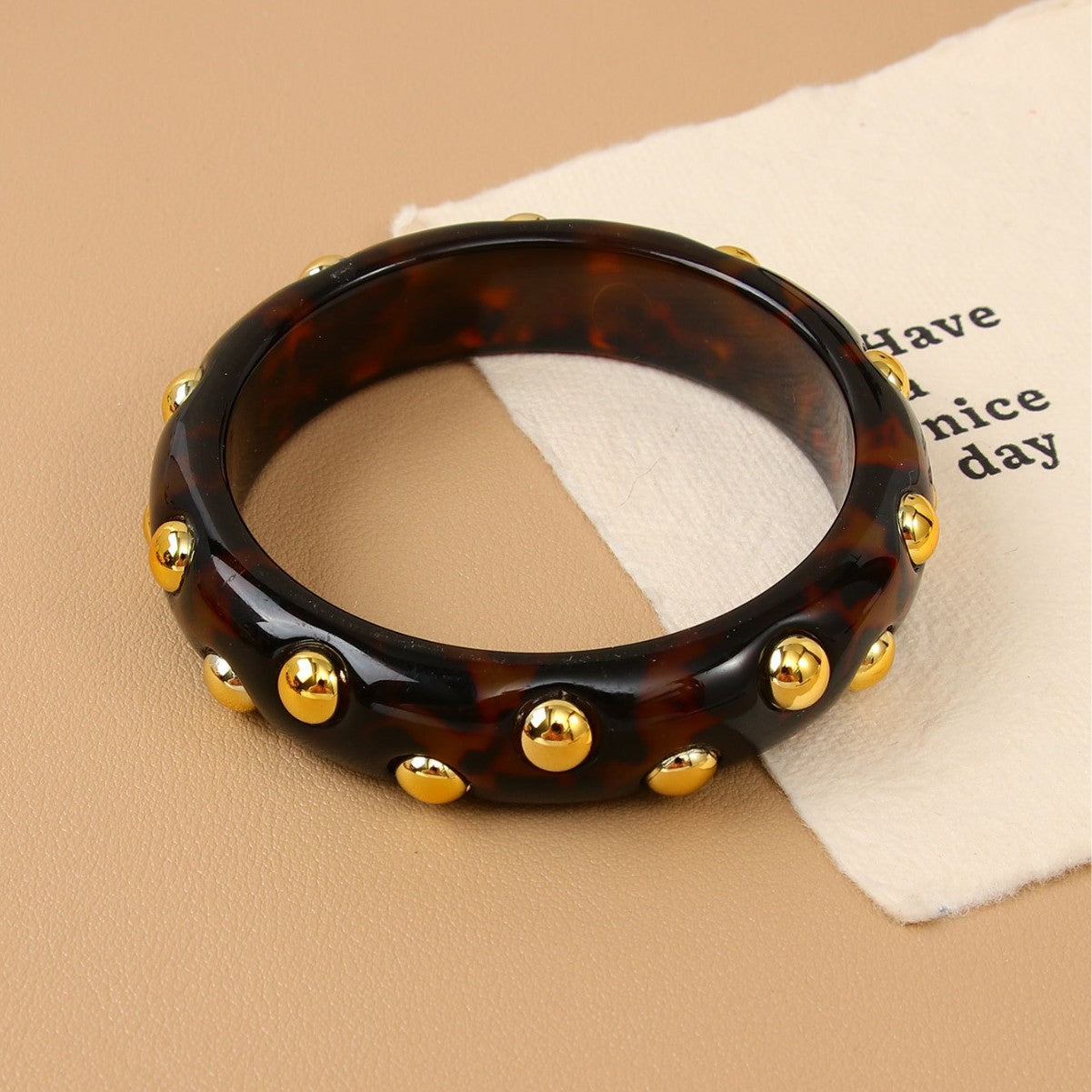 Handmade Round Resin Bangle For Women With Leopard Print And Beads Inlay