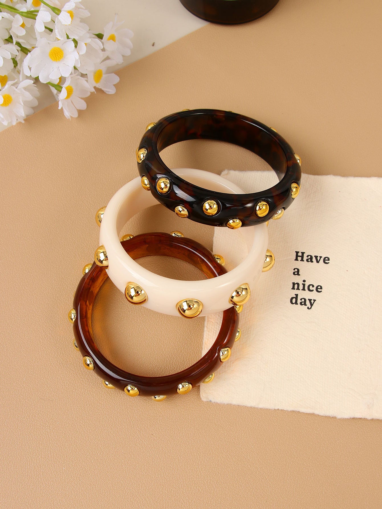 Handmade Round Resin Bangle For Women With Leopard Print And Beads Inlay