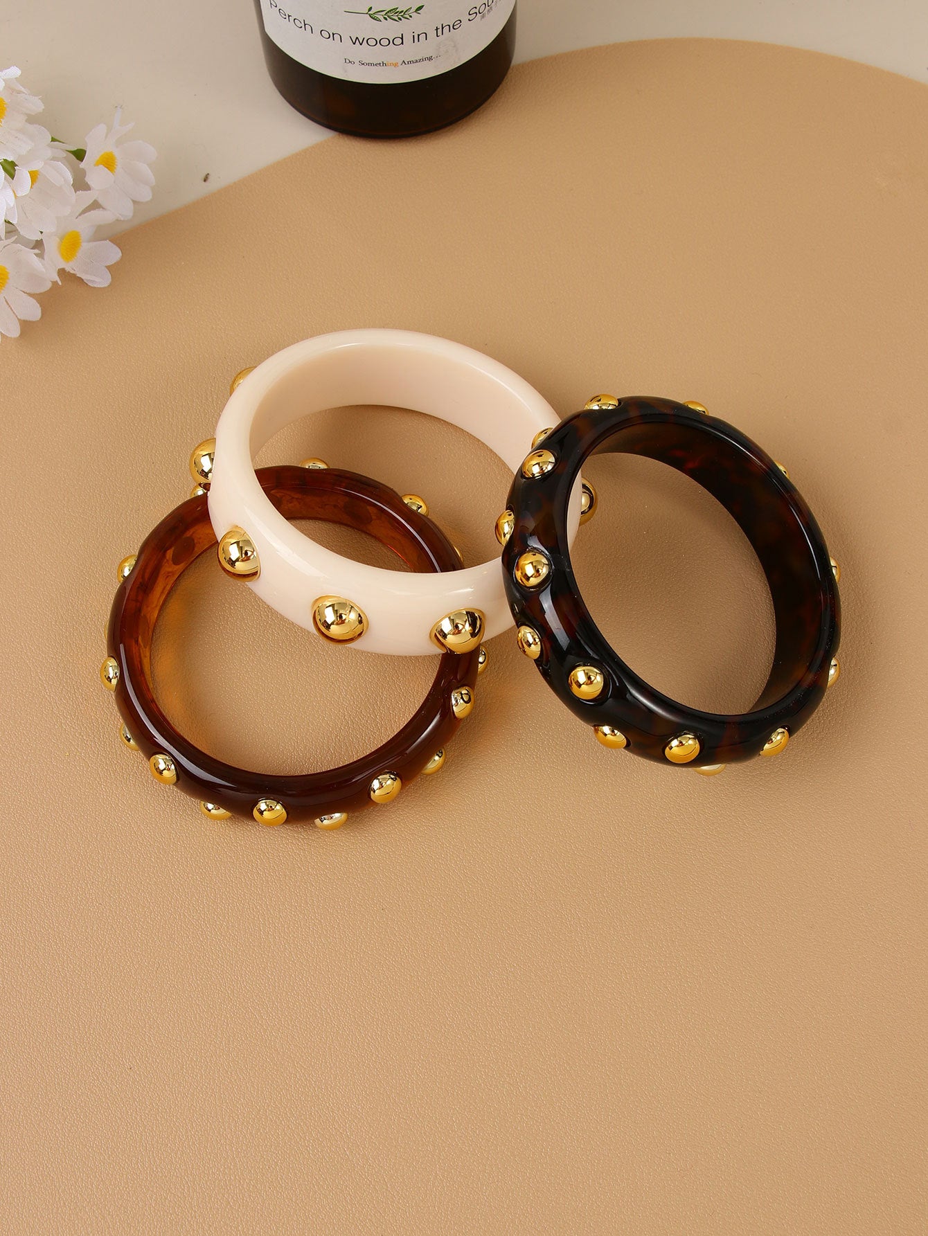 Handmade Round Resin Bangle For Women With Leopard Print And Beads Inlay