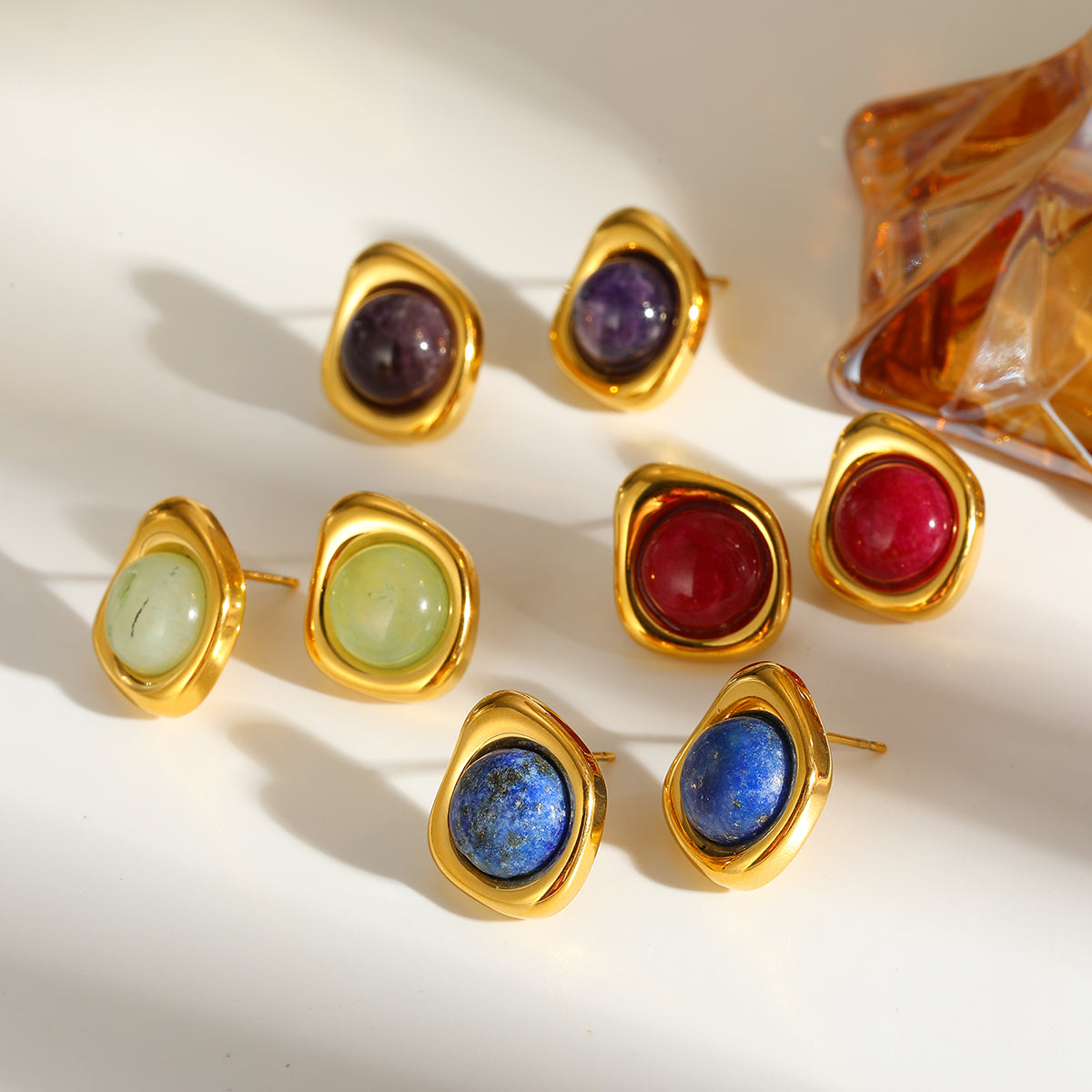 Roman Style Round Earrings For MAMA, Made Of 304 Stainless Steel With 18K Real Gold Plating And Natural Stone Inlay