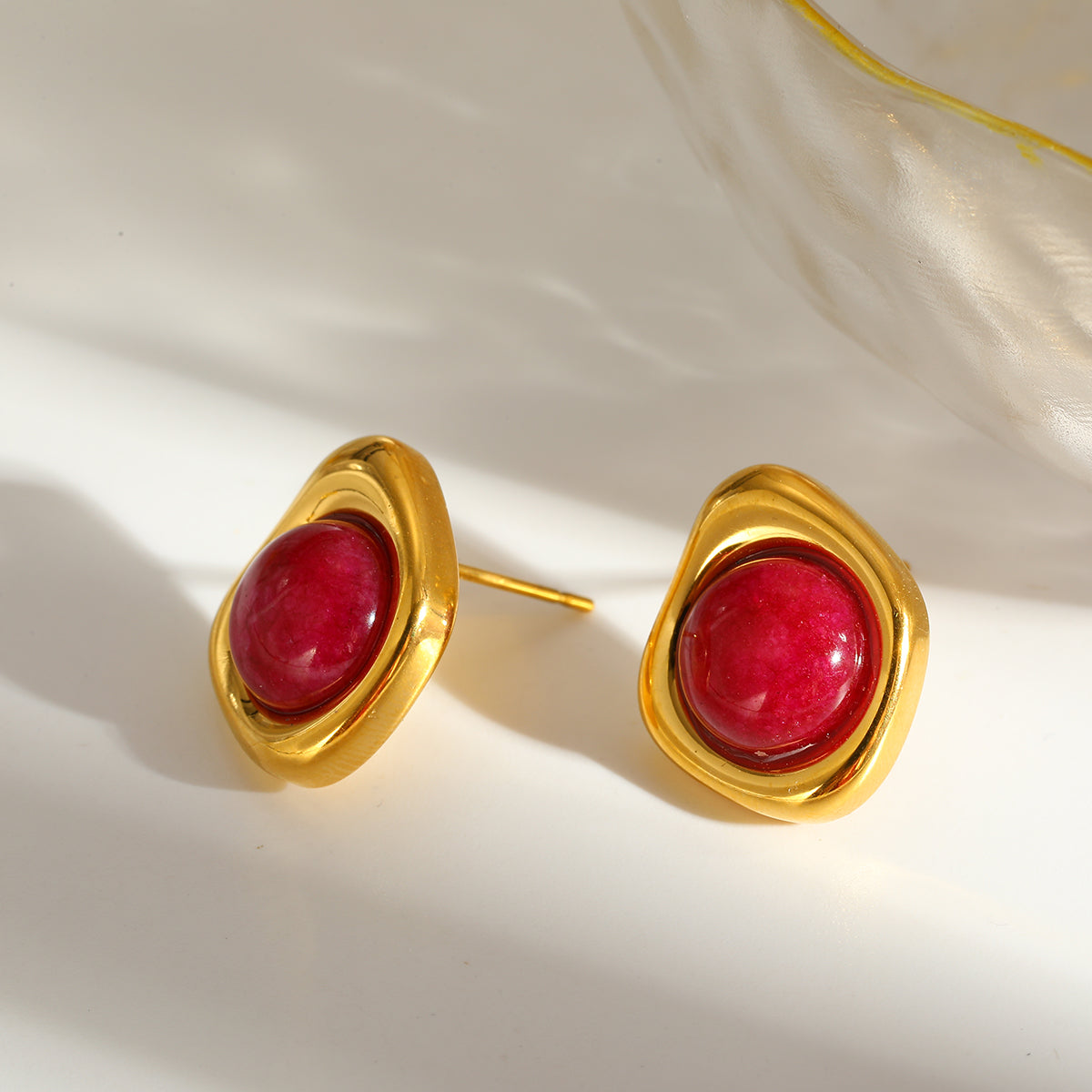 Roman Style Round Earrings For MAMA, Made Of 304 Stainless Steel With 18K Real Gold Plating And Natural Stone Inlay