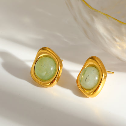 Roman Style Round Earrings For MAMA, Made Of 304 Stainless Steel With 18K Real Gold Plating And Natural Stone Inlay