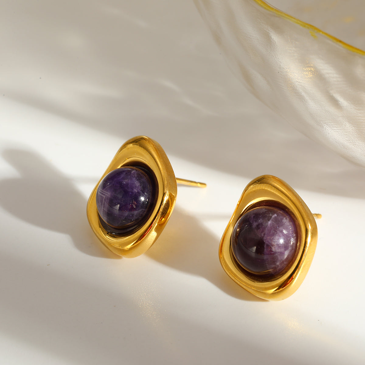 Roman Style Round Earrings For MAMA, Made Of 304 Stainless Steel With 18K Real Gold Plating And Natural Stone Inlay