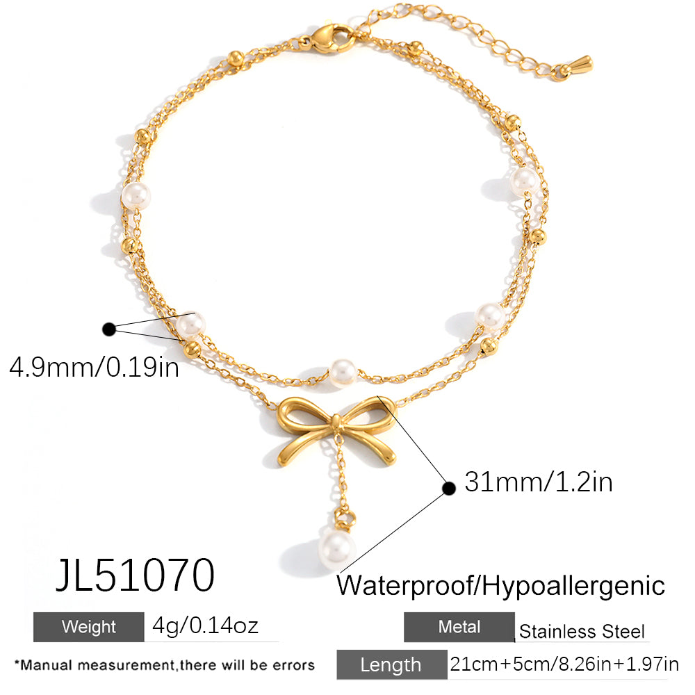 Beading Anklet In 304 Stainless Steel Featuring Bow Tie Pattern With PVD Coated 18K Real Gold Plated Finish And 0.03µm Thickness