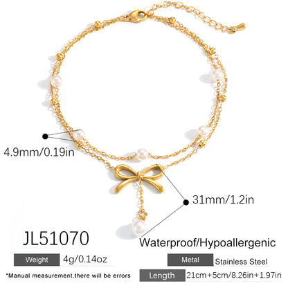 Beading Anklet In 304 Stainless Steel Featuring Bow Tie Pattern With PVD Coated 18K Real Gold Plated Finish And 0.03µm Thickness