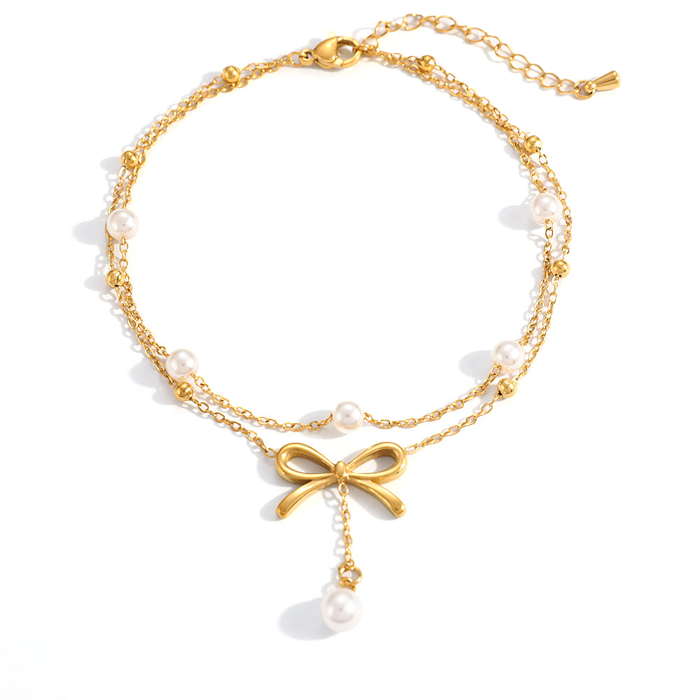 Beading Anklet In 304 Stainless Steel Featuring Bow Tie Pattern With PVD Coated 18K Real Gold Plated Finish And 0.03µm Thickness