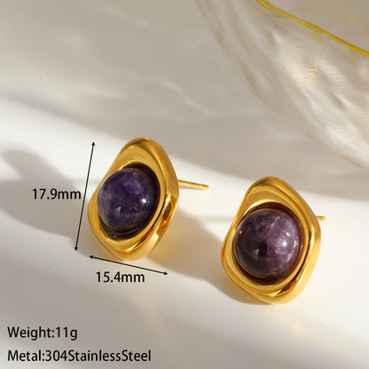 Roman Style Round Earrings For MAMA, Made Of 304 Stainless Steel With 18K Real Gold Plating And Natural Stone Inlay