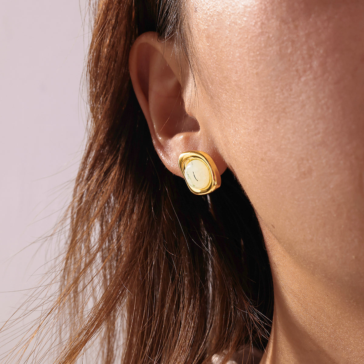 Roman Style Round Earrings For MAMA, Made Of 304 Stainless Steel With 18K Real Gold Plating And Natural Stone Inlay