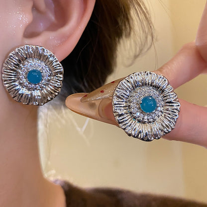 Round Stud Earrings For Women In Copper With Zircon Inlay, Available In Golden