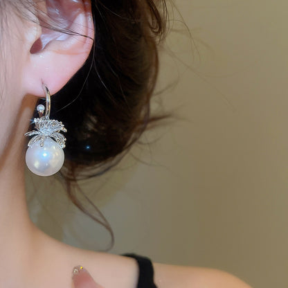 C Shape Stud Earrings For Women In Silver With Imitation Pearl And Zircon Inlay