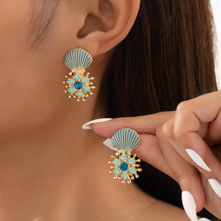 Retro Stud Earrings For Women Featuring Cyan Shell Inlay Made Of Durable Zinc Alloy