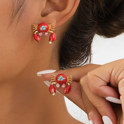 Sweet Crab Stud Earrings For Women Featuring Zinc Alloy Material In Red Color