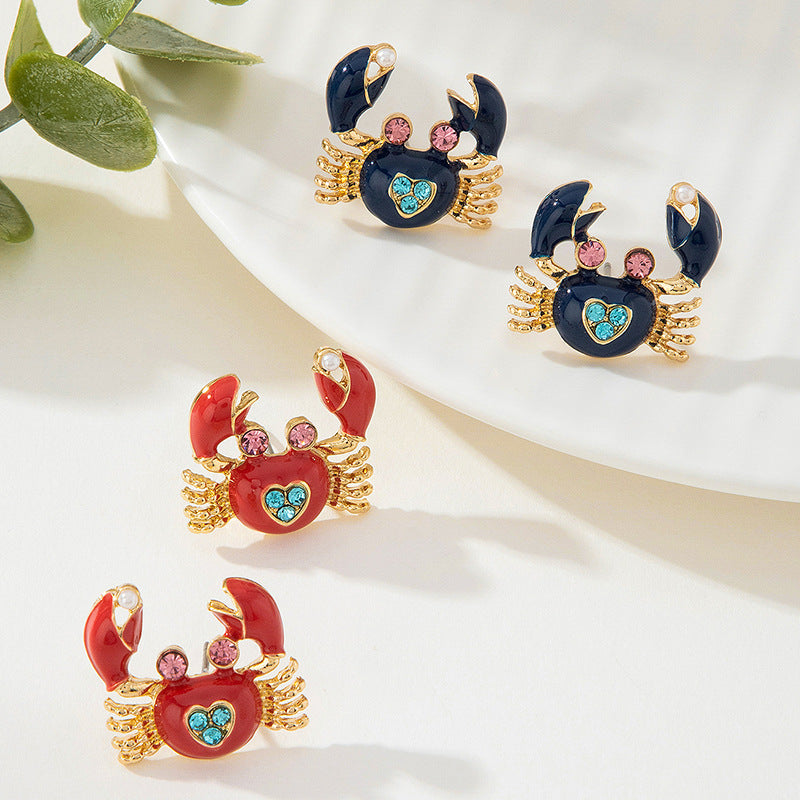 Sweet Crab Stud Earrings For Women Featuring Zinc Alloy Material In Red Color