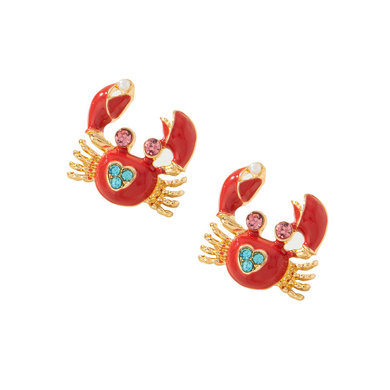 Sweet Crab Stud Earrings For Women Featuring Zinc Alloy Material In Red Color