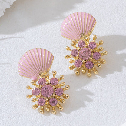 Retro Stud Earrings For Women Featuring Cyan Shell Inlay Made Of Durable Zinc Alloy