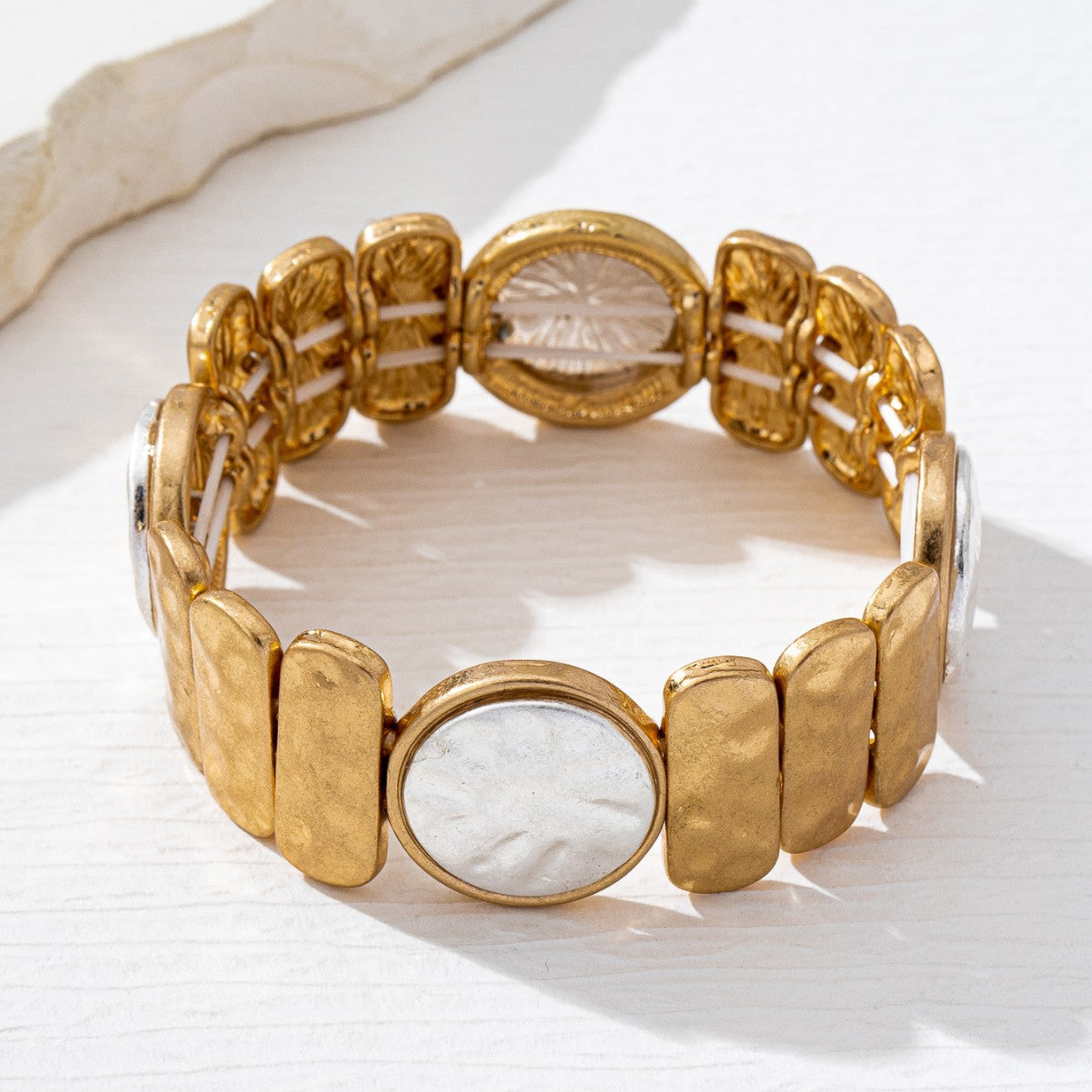Two Tone Shell Bracelet For Women In Golden Plated Alloy Featuring Mother Of Pearl Inlay