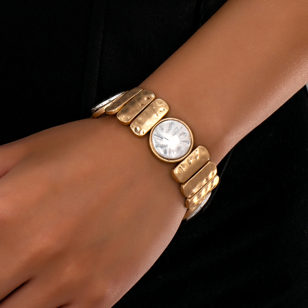 Two Tone Shell Bracelet For Women In Golden Plated Alloy Featuring Mother Of Pearl Inlay