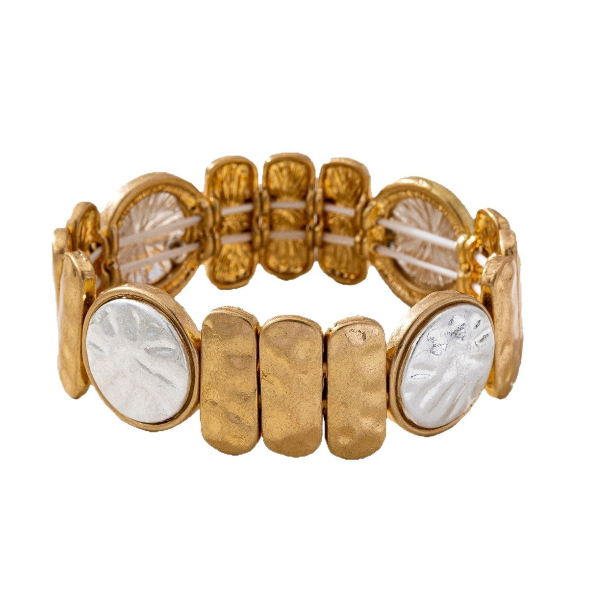 Two Tone Shell Bracelet For Women In Golden Plated Alloy Featuring Mother Of Pearl Inlay