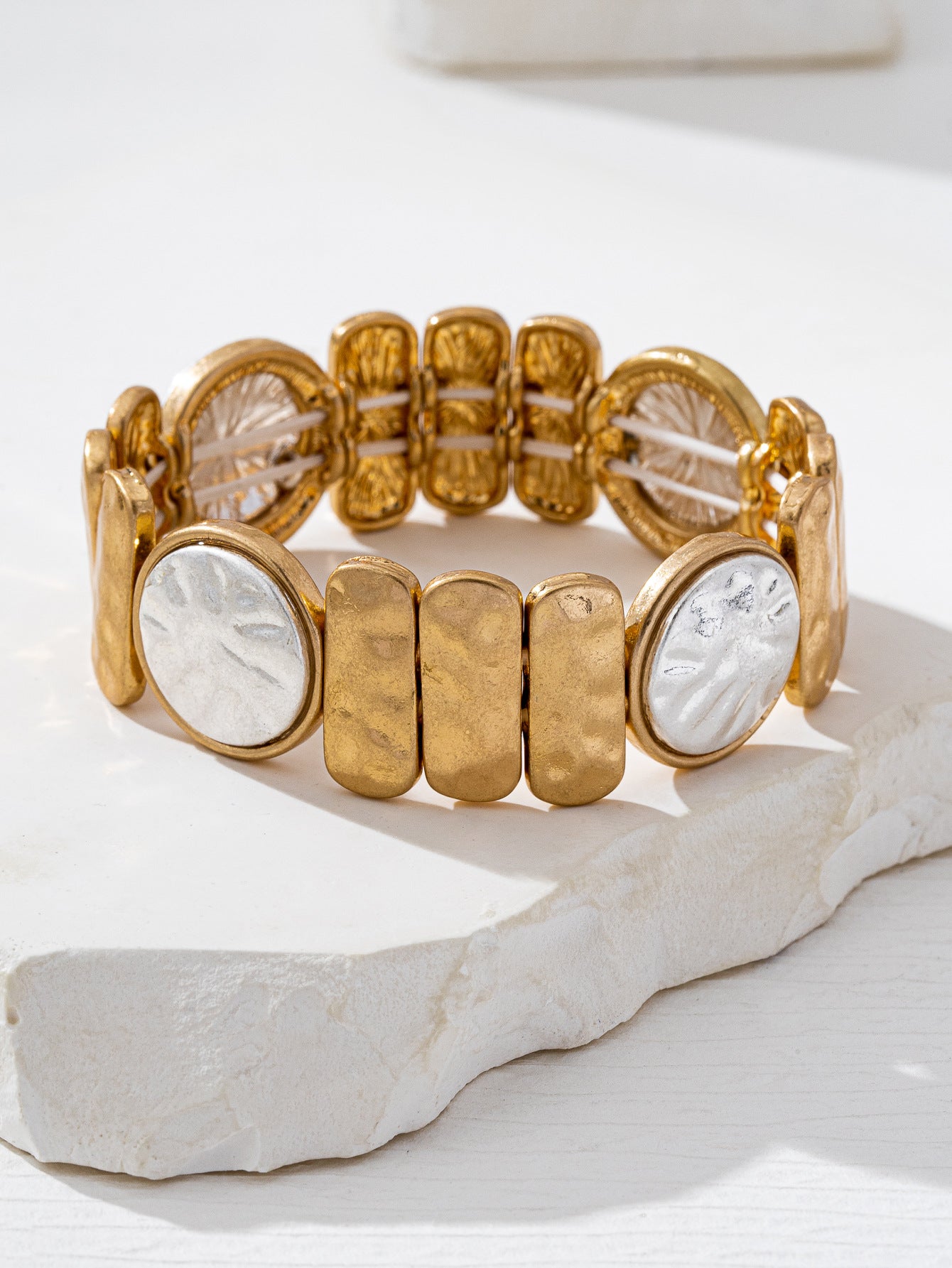 Two Tone Shell Bracelet For Women In Golden Plated Alloy Featuring Mother Of Pearl Inlay
