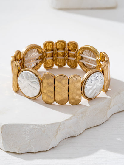 Two Tone Shell Bracelet For Women In Golden Plated Alloy Featuring Mother Of Pearl Inlay