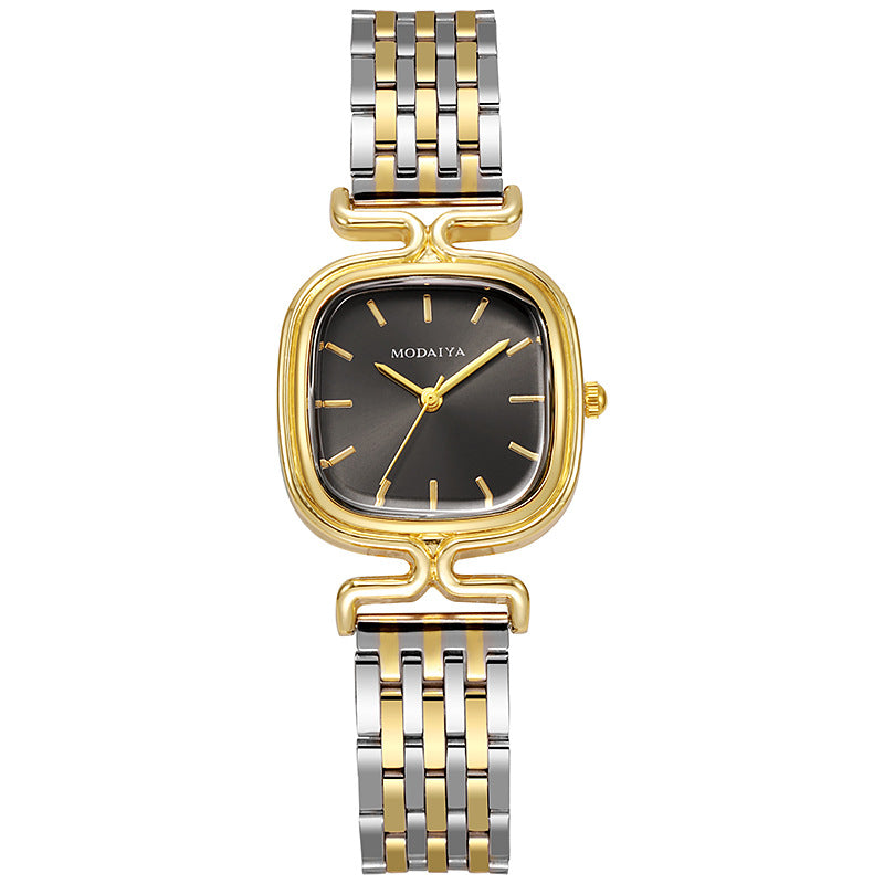 Women's Square Dial Quartz Watch With Stainless Steel Strap, Single Folding Buckle, Ordinary Glass, Pointer And Number Display