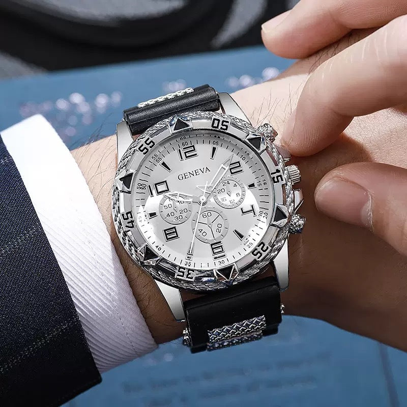 Men's Quartz Watch With Silica Gel Strap And Buckle, Featuring Tempered Glass Mirror And Pointer Display