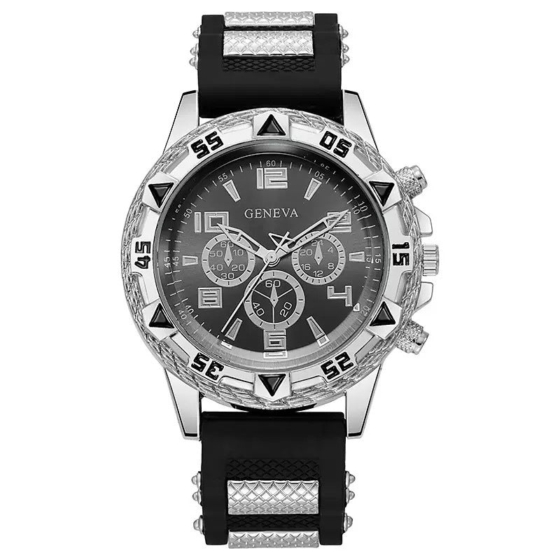 Men's Quartz Watch With Silica Gel Strap And Buckle, Featuring Tempered Glass Mirror And Pointer Display