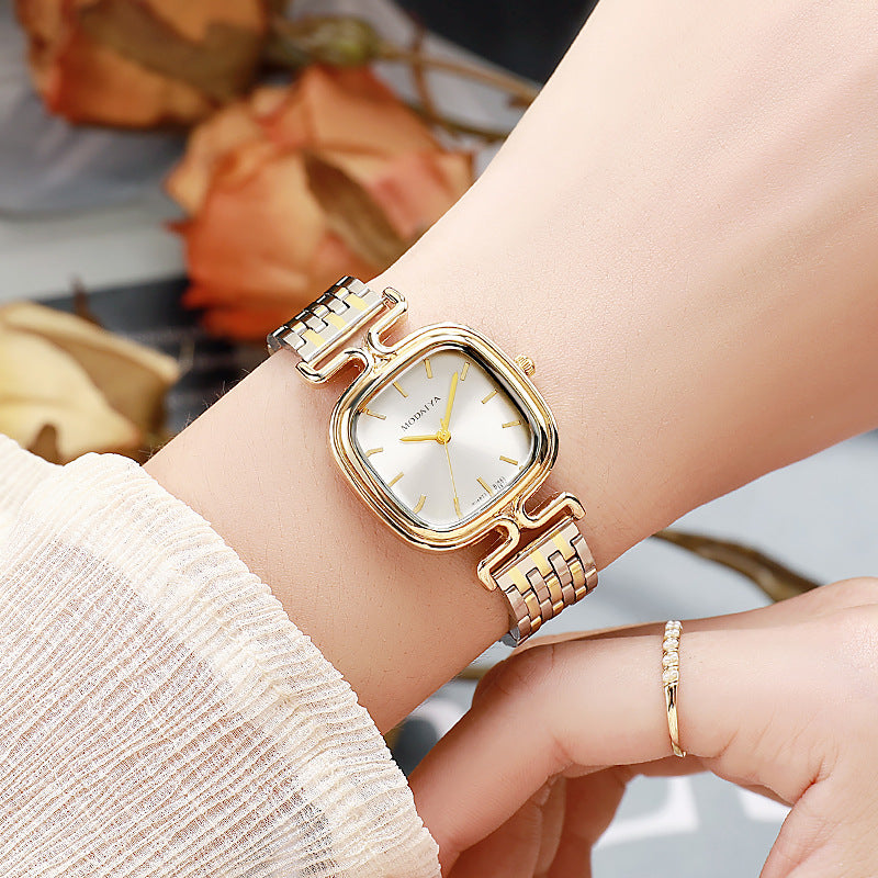 Women's Square Dial Quartz Watch With Stainless Steel Strap, Single Folding Buckle, Ordinary Glass, Pointer And Number Display