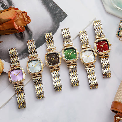 Women's Square Dial Quartz Watch With Stainless Steel Strap, Single Folding Buckle, Ordinary Glass, Pointer And Number Display