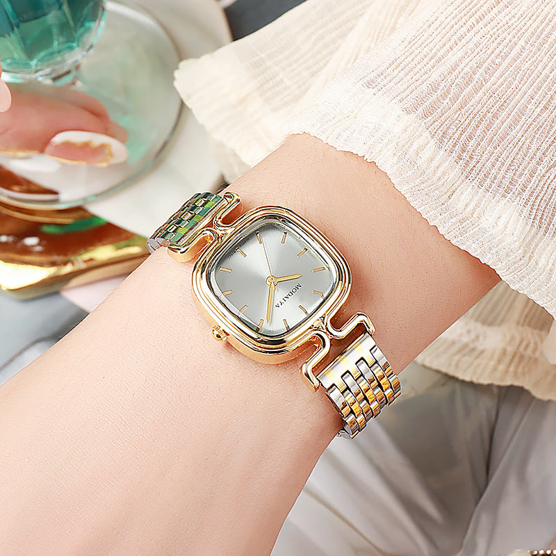 Women's Square Dial Quartz Watch With Stainless Steel Strap, Single Folding Buckle, Ordinary Glass, Pointer And Number Display