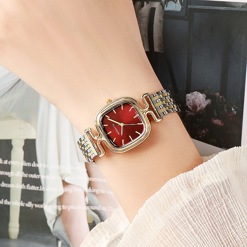 Women's Square Dial Quartz Watch With Stainless Steel Strap, Single Folding Buckle, Ordinary Glass, Pointer And Number Display