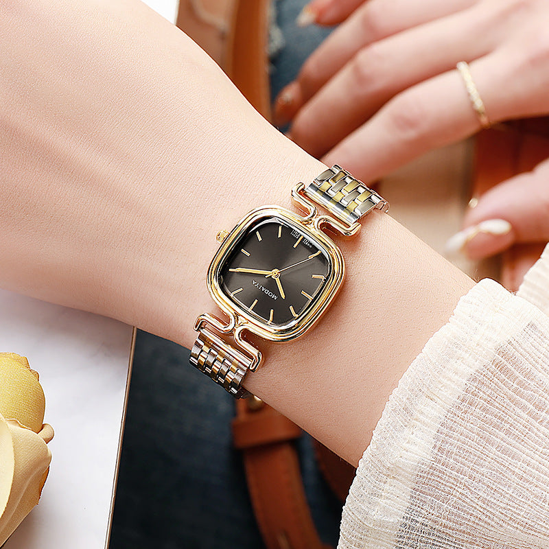 Women's Square Dial Quartz Watch With Stainless Steel Strap, Single Folding Buckle, Ordinary Glass, Pointer And Number Display