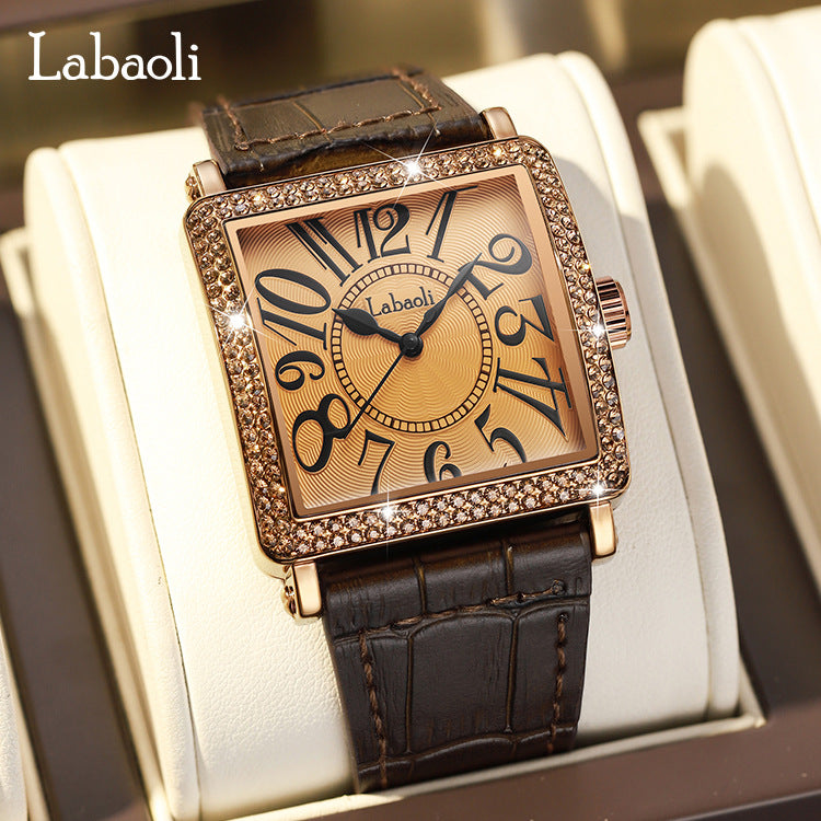 Women's Quartz Watch With Genuine Leather Strap And Buckle, Featuring Tempered Glass Mirror And Pointer+Number Display