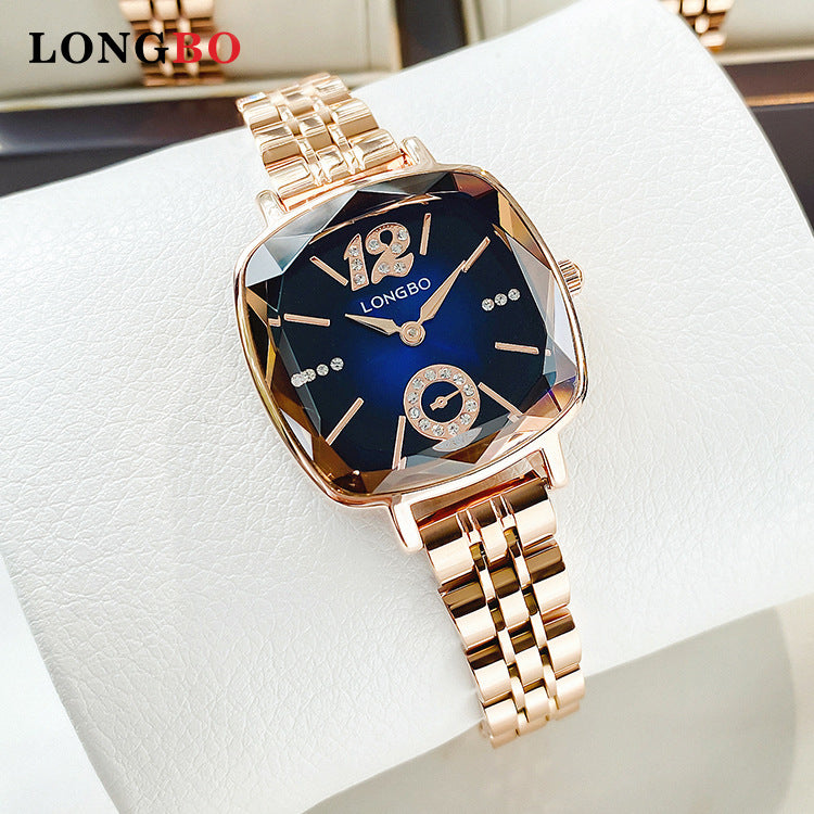 Women's Quartz Watch With Stainless Steel Strap And Butterfly Double Snap Buckle, Featuring Tempered Glass Mirror And Pointer Display