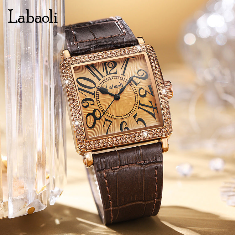 Women's Quartz Watch With Genuine Leather Strap And Buckle, Featuring Tempered Glass Mirror And Pointer+Number Display