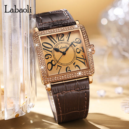Women's Quartz Watch With Genuine Leather Strap And Buckle, Featuring Tempered Glass Mirror And Pointer+Number Display